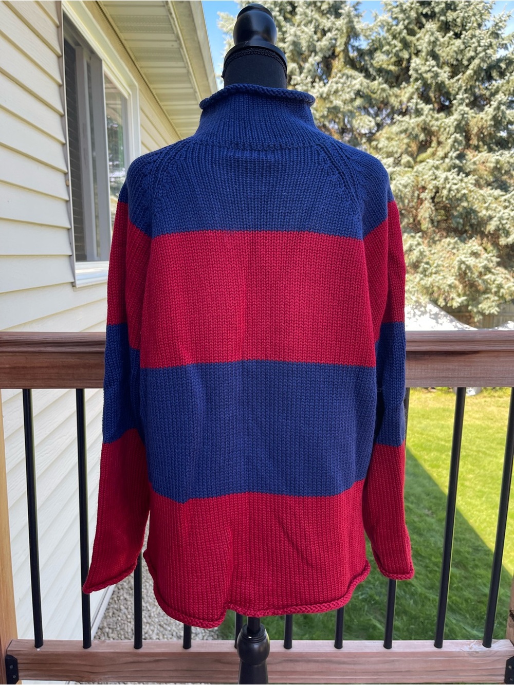 Vtg 90s J. Crew Red Blue Striped Roll Neck Sweater 100% Wool Lightweight Mens L - Picture 3 of 10